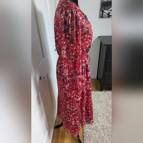 Loft Clip Floral Boho Red Chiffon Midi Dress, Size L, long Sleeves, V-neck - Picture 11 of 13